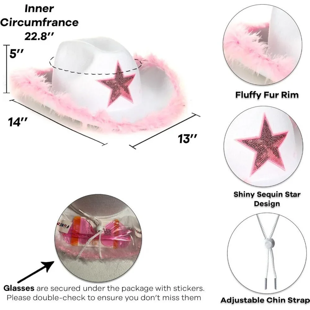 Cowboy Hat and Glasses Set Fur Cowgirl Accessories for Women Party Costume